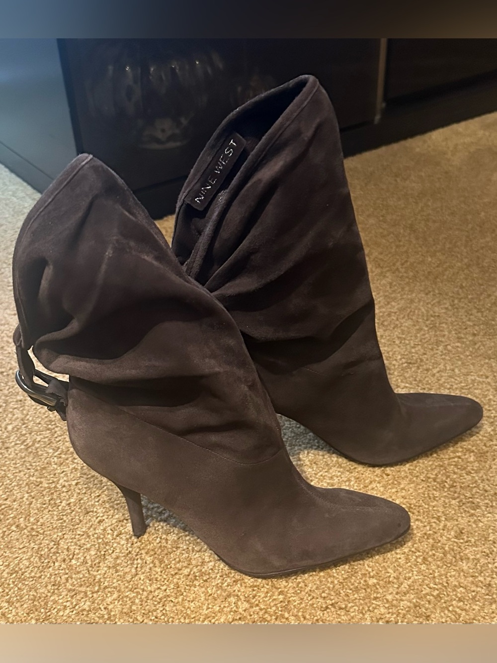 Nine West Brown Suede Slouchy Pointed-Toe Stiletto Ankle Boots with Back Buckle